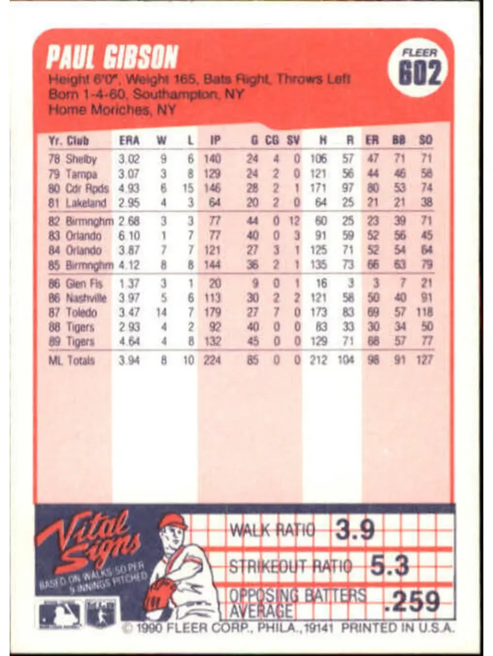 1990 Paul Gibson Fleer Baseball Card #602